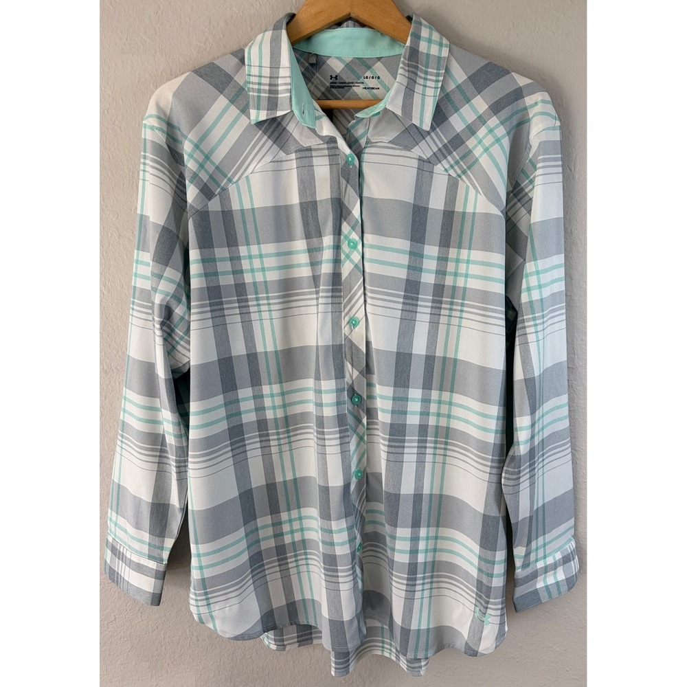NWT Under Armour Womens Plaid HeatGear Button Down Shirt Large Hiking Sporty